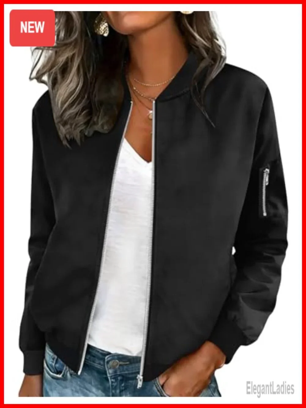 Polyester Lightweight Bomber Jacket Long Sleeve Zip Up Casual Coat with Pockets